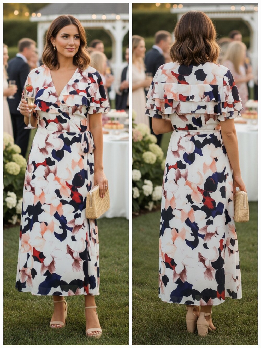 1. State XS Garden Floral Ruffle Cascading Wrap Midi Dress Feminine Romantic